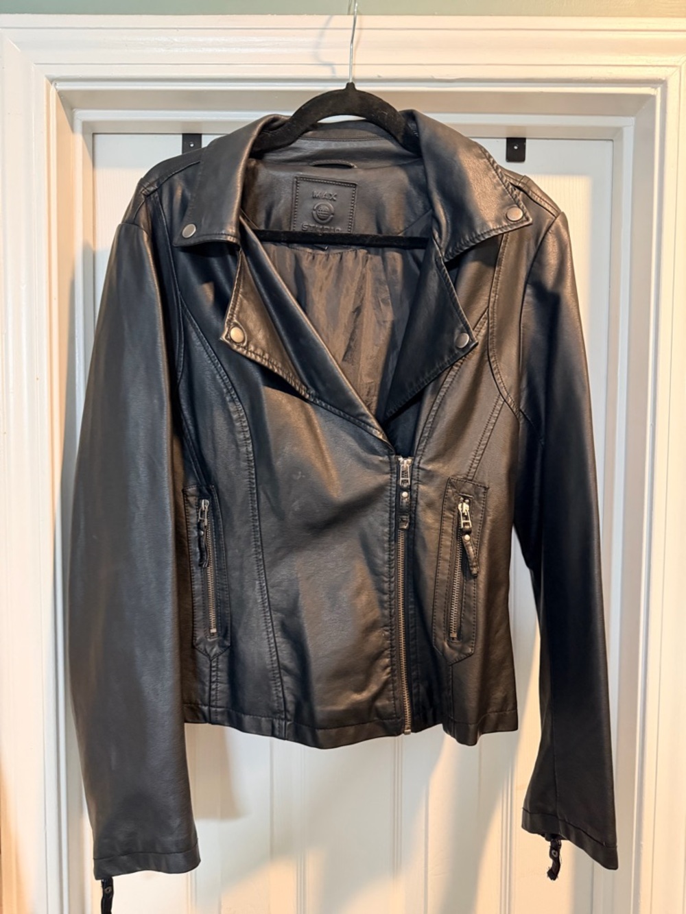 Max Studio Black Faux Leather Moto Jacket with Zip Pockets
